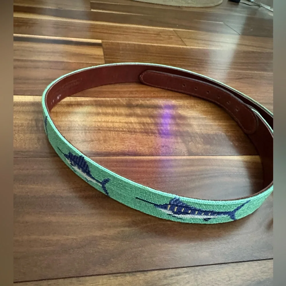 SMATHERS AND BRANSON HAND STITCHED NEEDLEPOINT BILLFISH LEATHER BELT SIZE 40